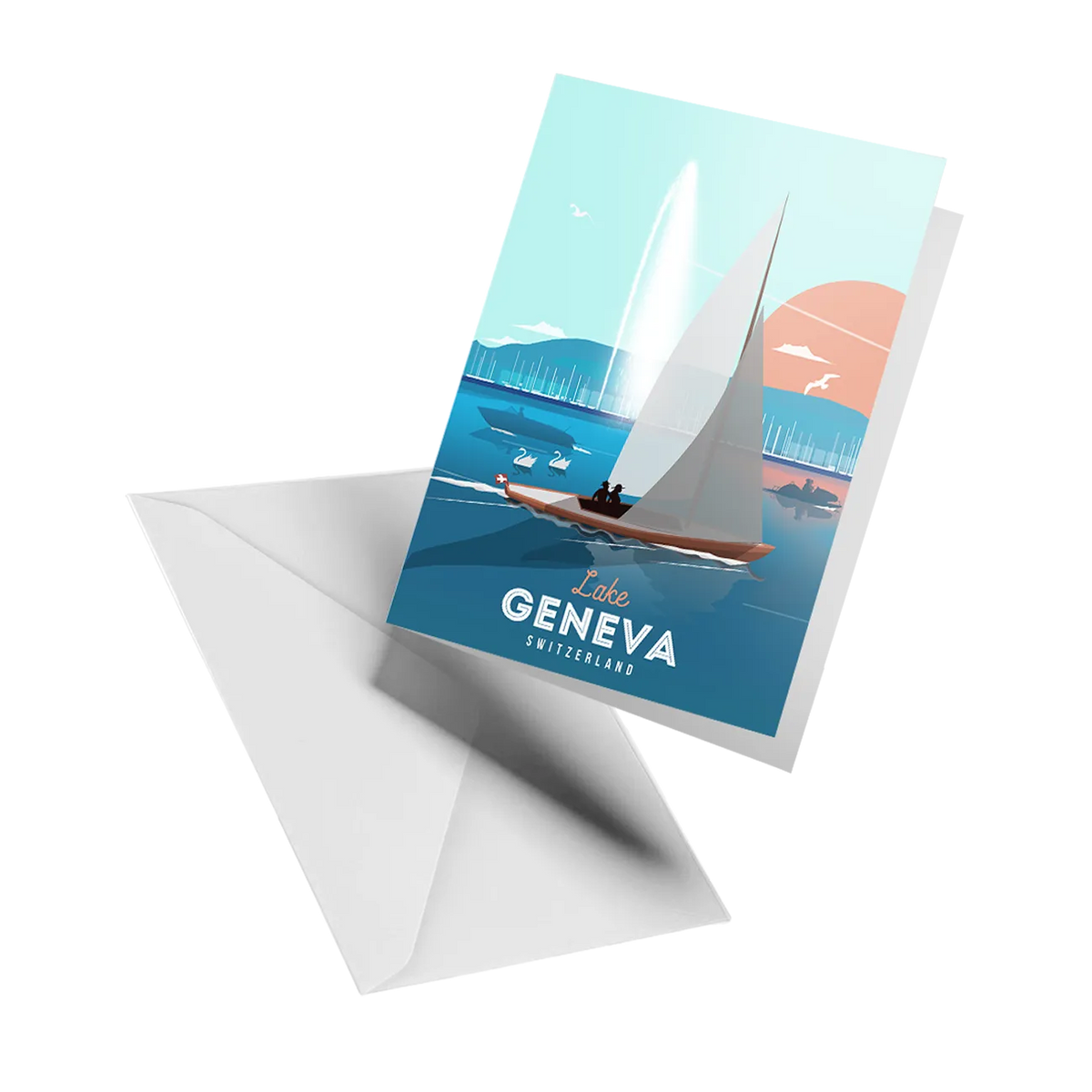 Illustrated greeting card by LEKKA: A warm summer evening on Lake Geneva with the Jet d'Eau