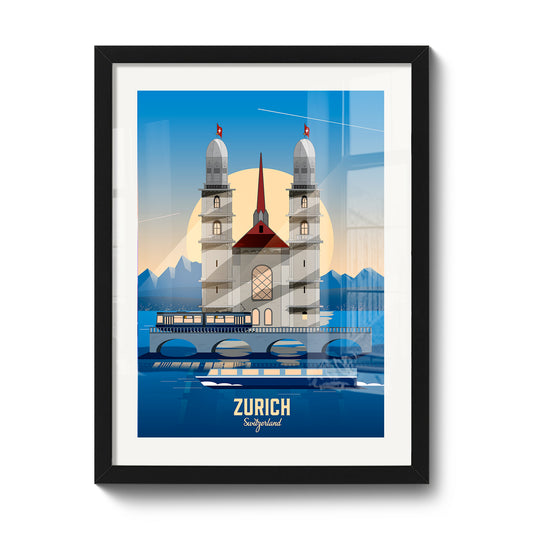 Affiche A2 encadrée LEKKA : Les tours du Grossmünster à Zurich, reflétées au coucher du soleil