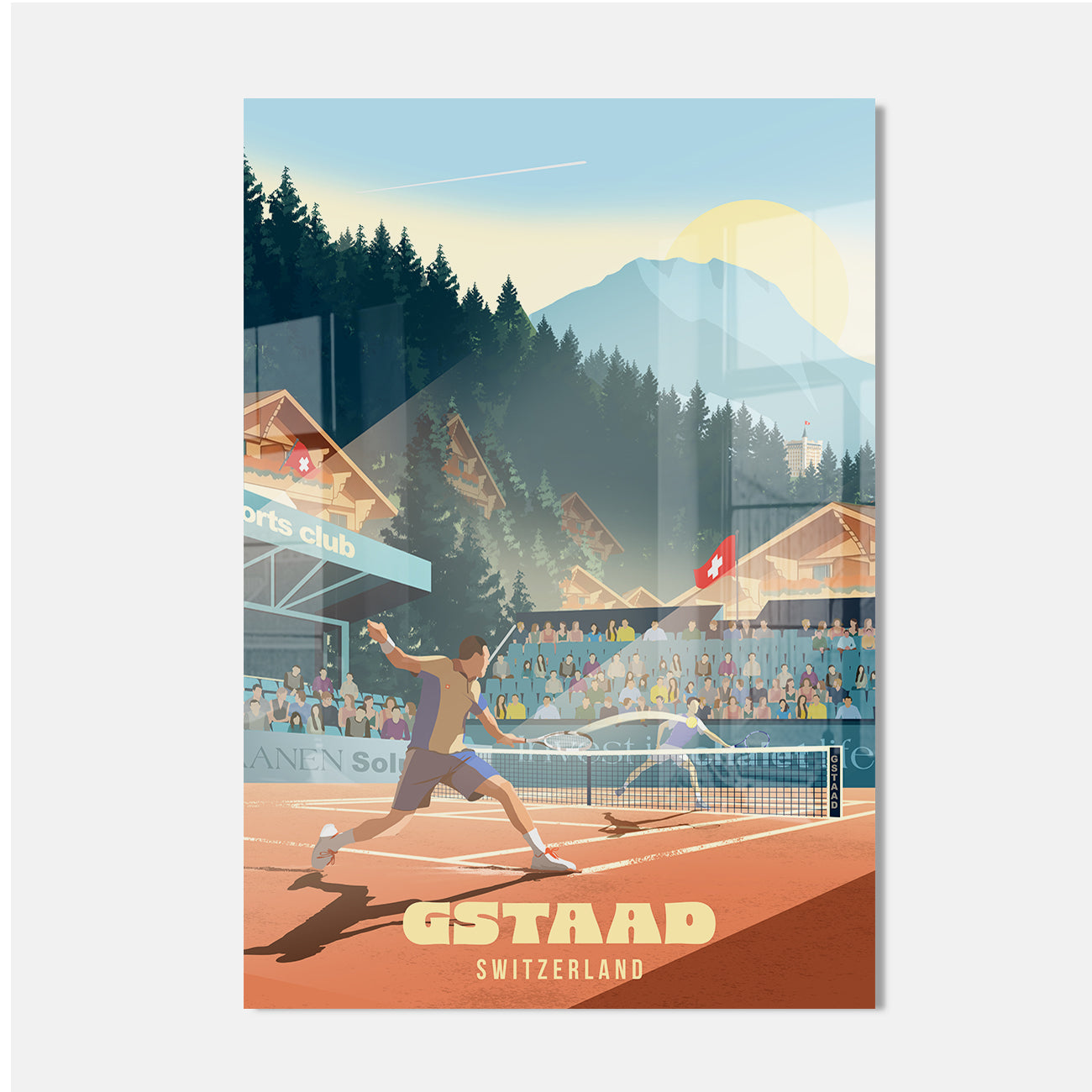 A vertical travel poster print featuring a stylized tennis match on a clay court in Gastad, Switzerland, with mountains, forests, chalets, and spectators in the background. The text 'GSTAAD SWITZERLAND' appears at the bottom.