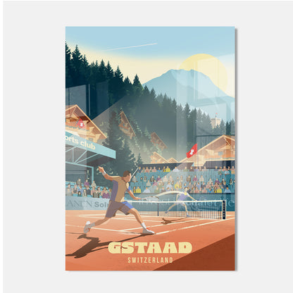 A vertical travel poster print featuring a stylized tennis match on a clay court in Gastad, Switzerland, with mountains, forests, chalets, and spectators in the background. The text 'GSTAAD SWITZERLAND' appears at the bottom.
