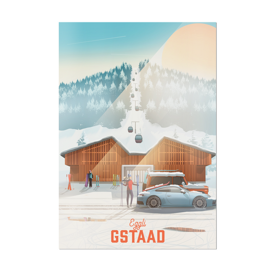Unframed A2 poster by LEKKA: The Eggli gondola rising above a ski lodge in Gstaad