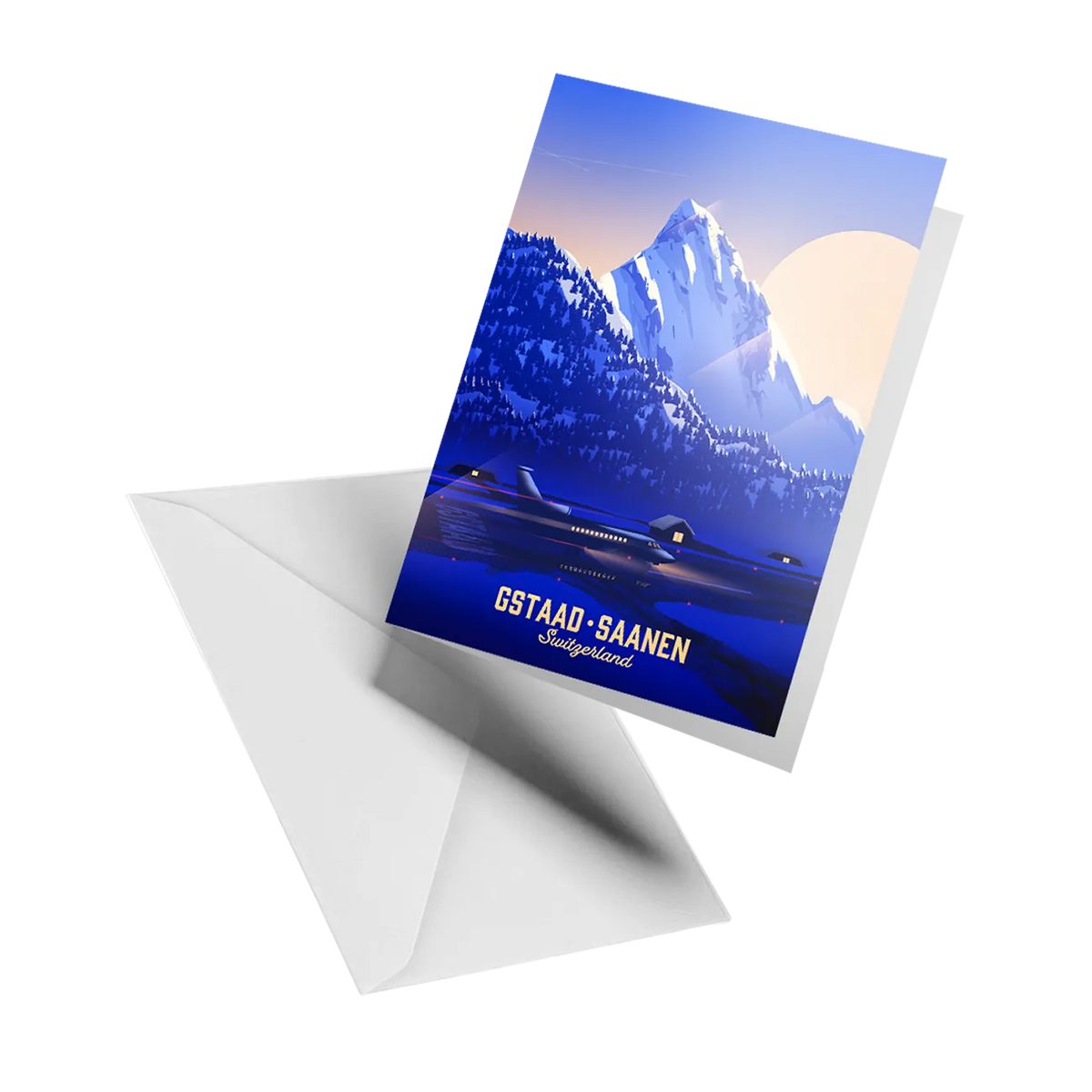 Illustrated greeting card by LEKKA: An early winter morning at Saanen airport as visitors fly in for Christmas