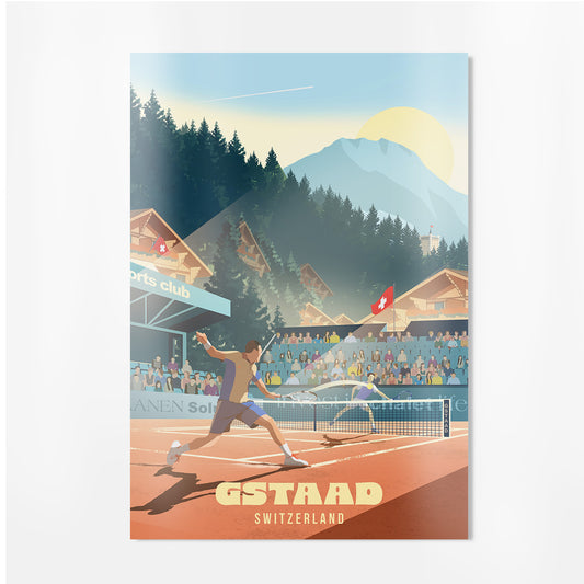 Gstaad Tennis illustrated art print — Switzerland travel poster, Dibond aluminium print.