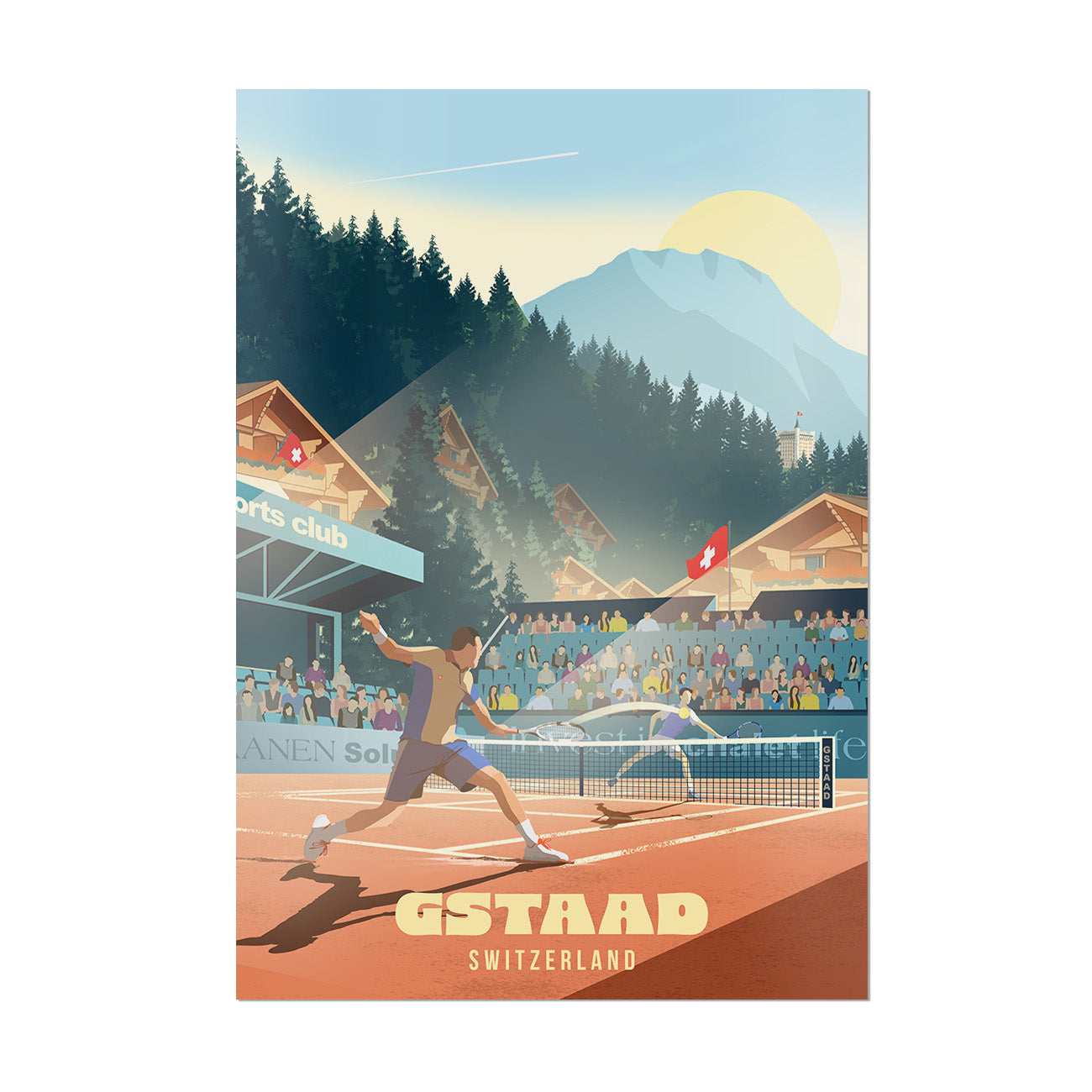A travel poster print of a tennis match in Gstaad, Switzerland, featuring a retro-style illustration of a player on an orange court with a crowd, chalets, pine trees, and a mountain under a yellow sun.