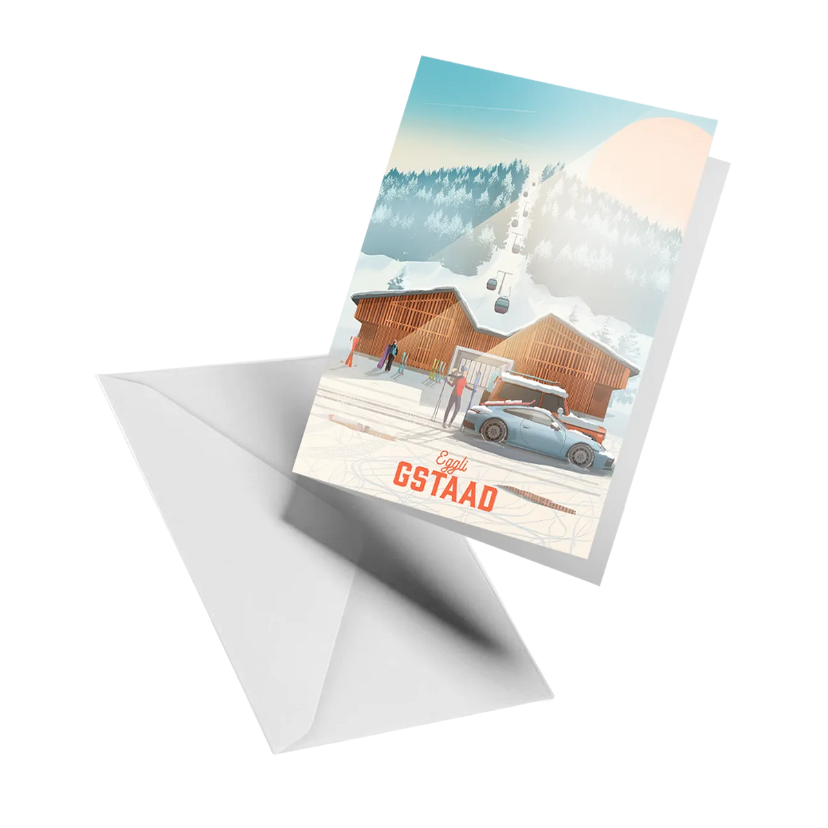 Illustrated greeting card by LEKKA: The Eggli gondola rising above a ski lodge in Gstaad