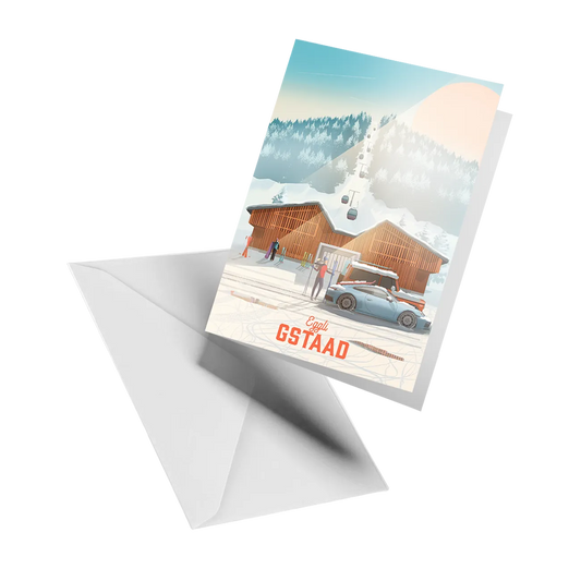 Illustrated greeting card by LEKKA: The Eggli gondola rising above a ski lodge in Gstaad