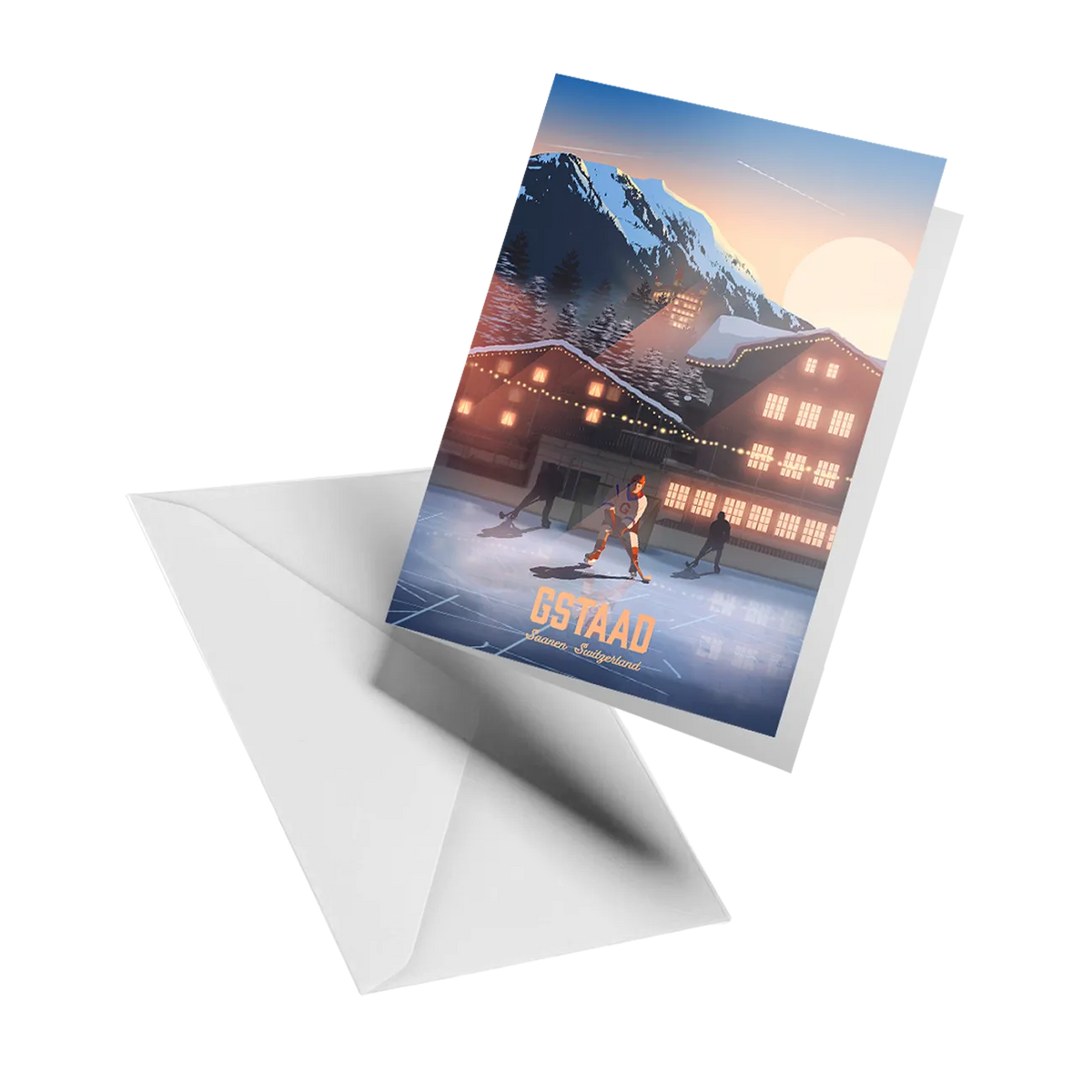 Illustrated greeting card by LEKKA: Evening ice hockey in the centre of Gstaad