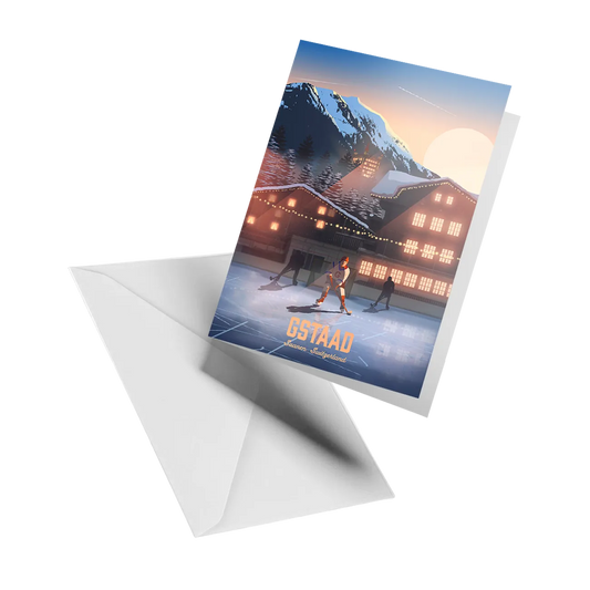 Illustrated greeting card by LEKKA: Evening ice hockey in the centre of Gstaad