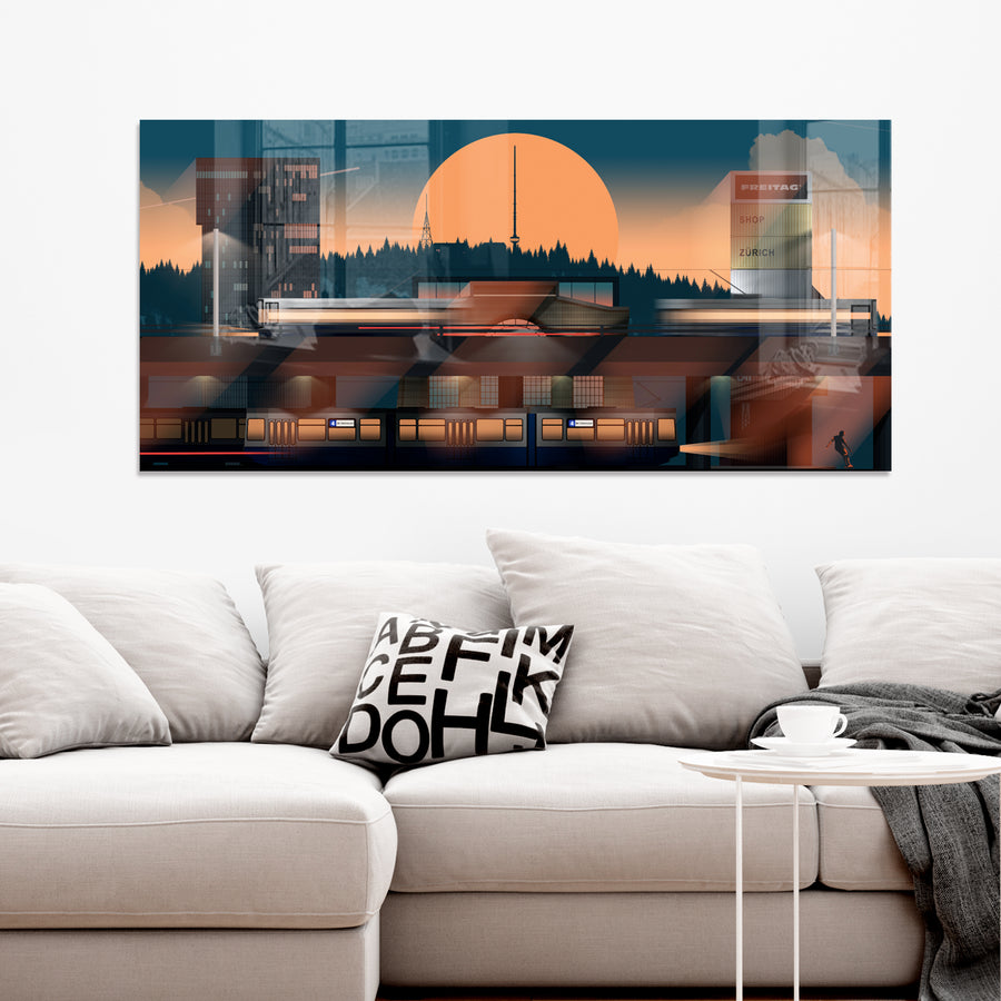 Plexiglas print by LEKKA: Tram and bus pass the Prime Tower at Hardbrücke, Zurich