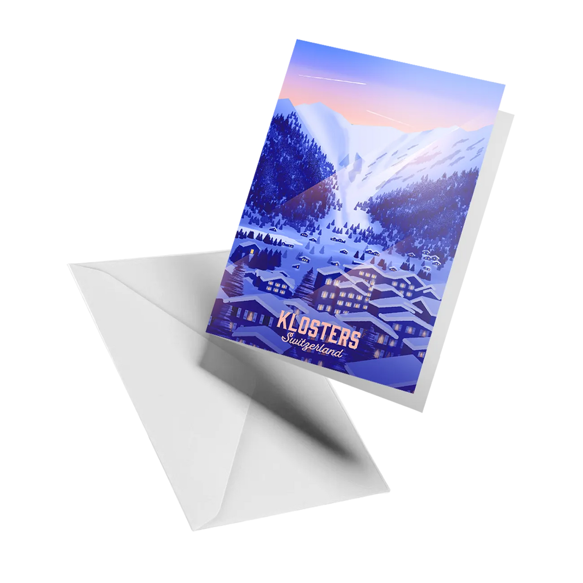 Illustrated greeting card by LEKKA: The sun rising over Klosters on a cold winter morning