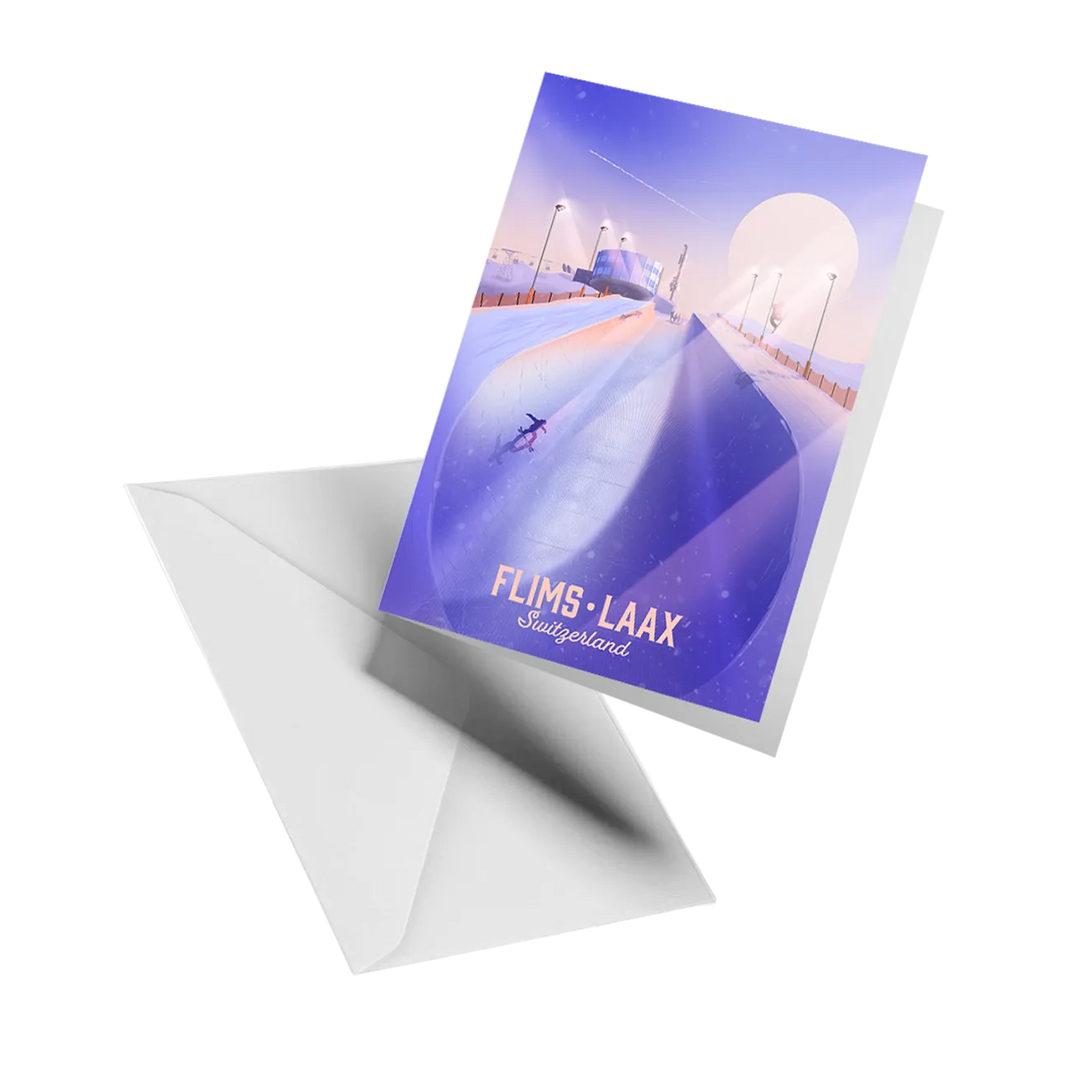Illustrated greeting card by LEKKA: The halfpipe and snowpark in Flims Laax, high in the Alps