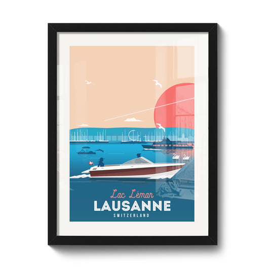 30 x 40 cm framed print by LEKKA: A calm summer cruise on Lake Geneva at Lausanne