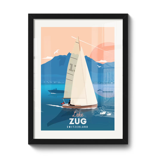 Tirage encadré 30 x 40 cm LEKKA : Voile sur le lac de Zoug avec le Pilate en arrière-plan