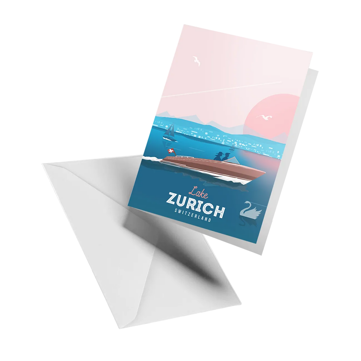 Illustrated greeting card by LEKKA: A summer boat on Lake Zurich at sunset