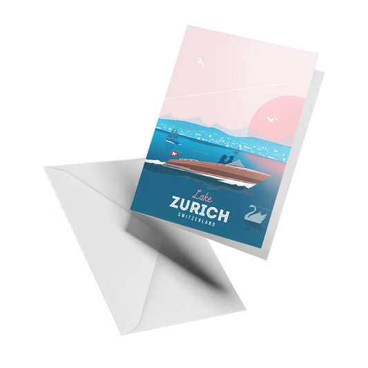Illustrated greeting card by LEKKA: A summer boat on Lake Zurich at sunset