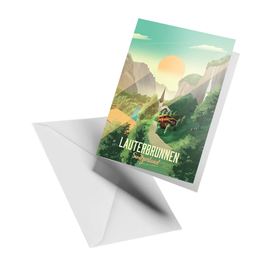 Illustrated greeting card by LEKKA: The Lauterbrunnen valley and its waterfalls
