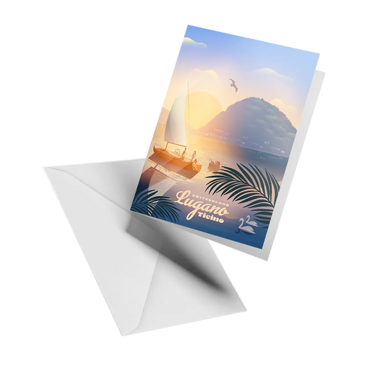 Illustrated greeting card by LEKKA: A sunset over Lake Lugano in Ticino