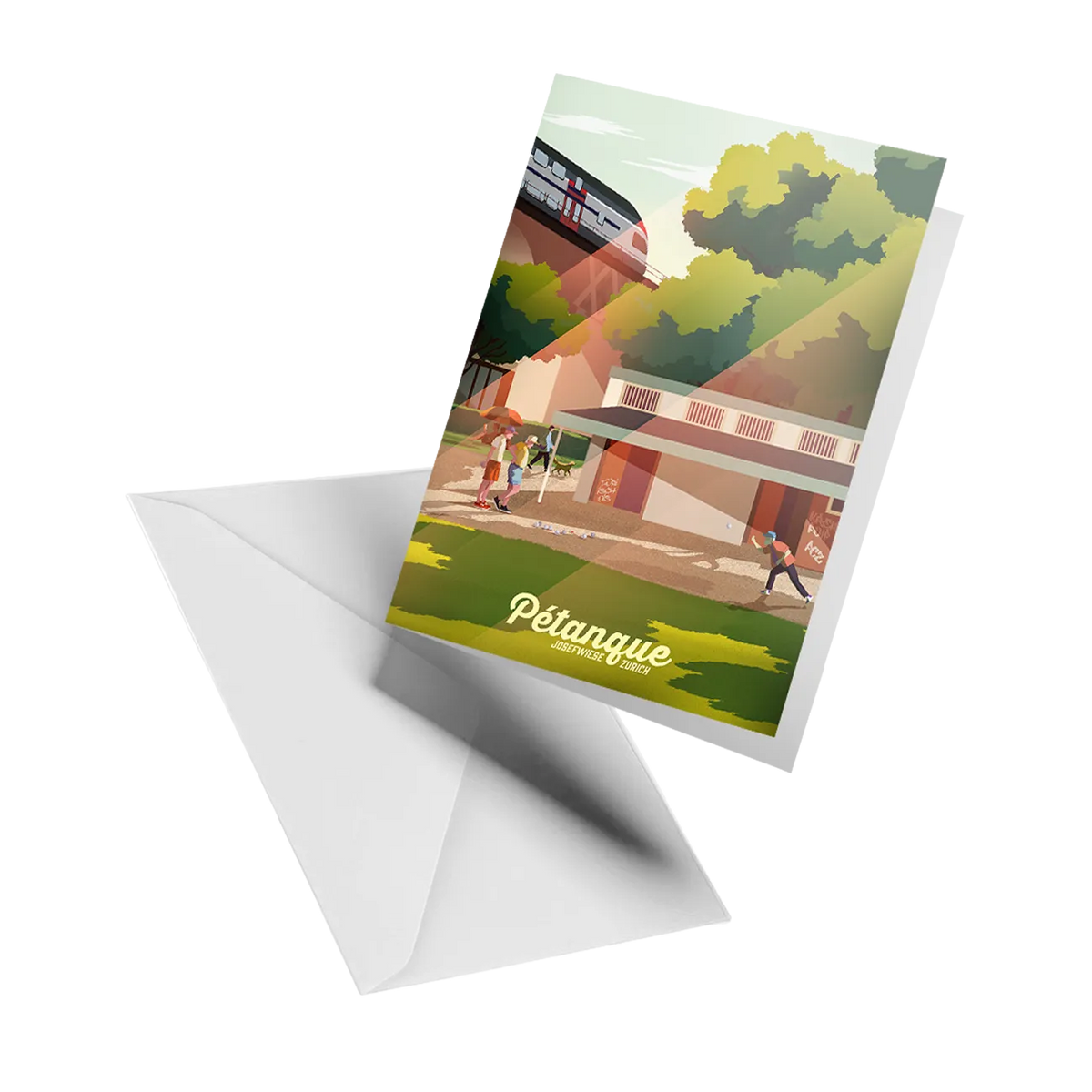 Illustrated greeting card by LEKKA: A summer game of pétanque in Zurich