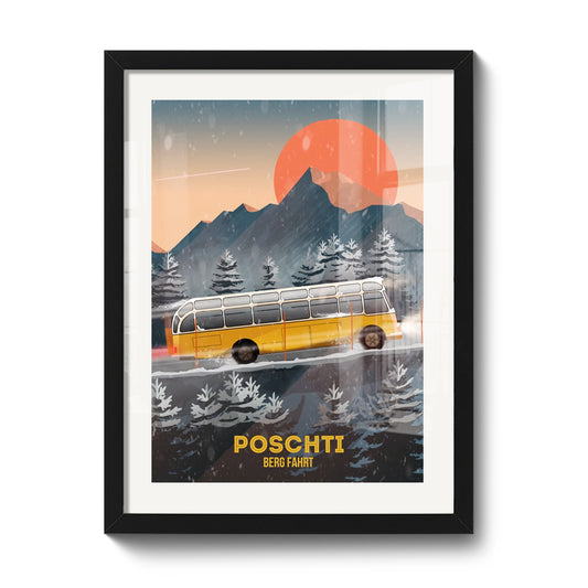 Tirage encadré 30 x 40 cm LEKKA : Le car postal jaune sur une route de montagne enneigée
