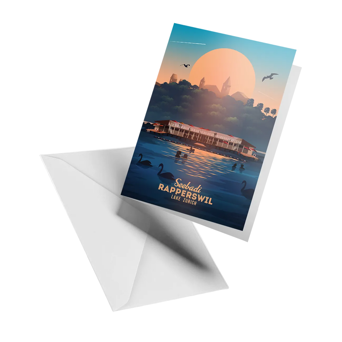 Illustrated greeting card by LEKKA: The Seebadi lake bath in Rapperswil on Lake Zurich