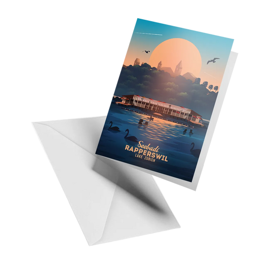 Illustrated greeting card by LEKKA: The Seebadi lake bath in Rapperswil on Lake Zurich