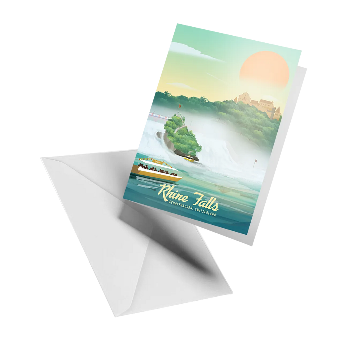Illustrated greeting card by LEKKA: The Rhine Falls and Laufen Castle at sunset