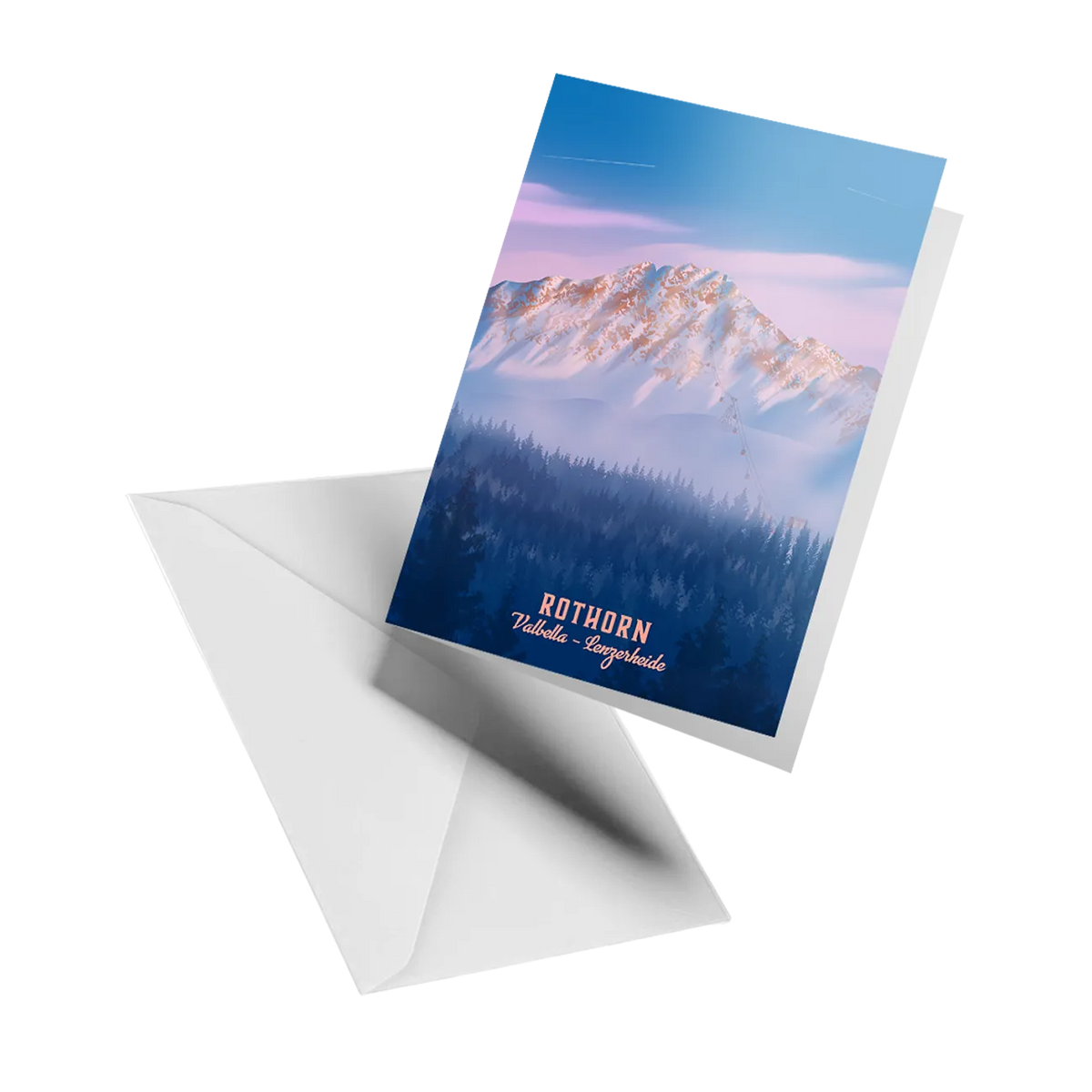 Illustrated greeting card by LEKKA: The Rothorn above Valbella and Lenzerheide in winter