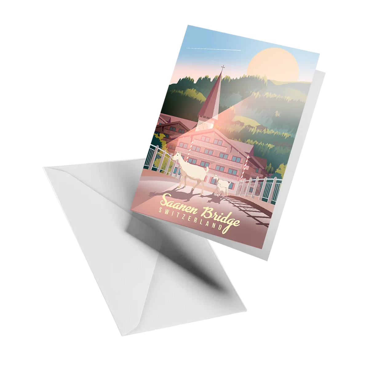 Illustrated greeting card by LEKKA: A covered wooden bridge in Saanen