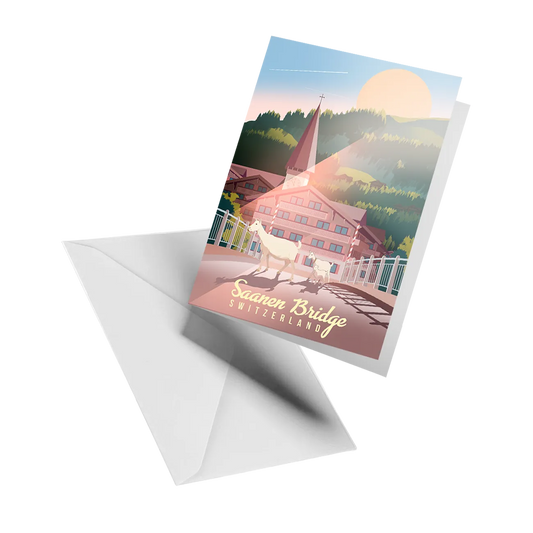 Illustrated greeting card by LEKKA: A covered wooden bridge in Saanen