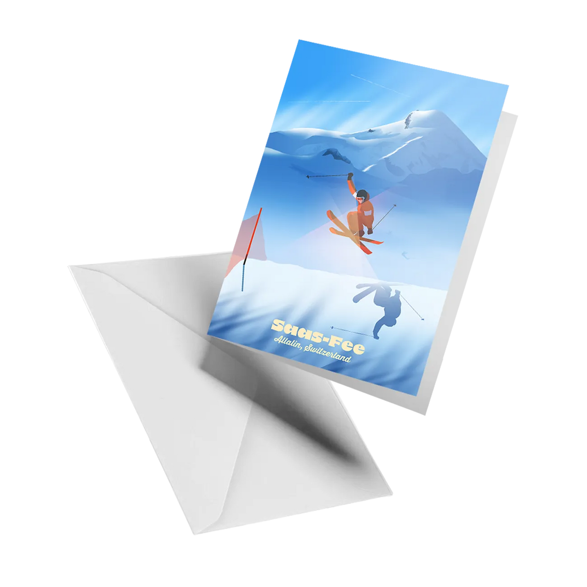 Illustrated greeting card by LEKKA: Saas-Fee's glaciers and revolving restaurant in winter