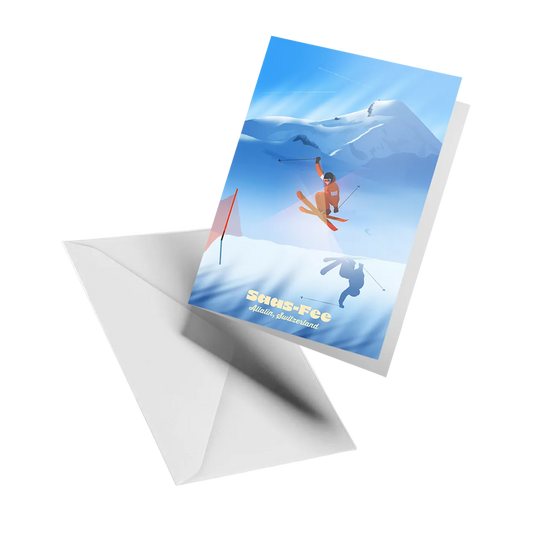 Illustrated greeting card by LEKKA: Saas-Fee's glaciers and revolving restaurant in winter