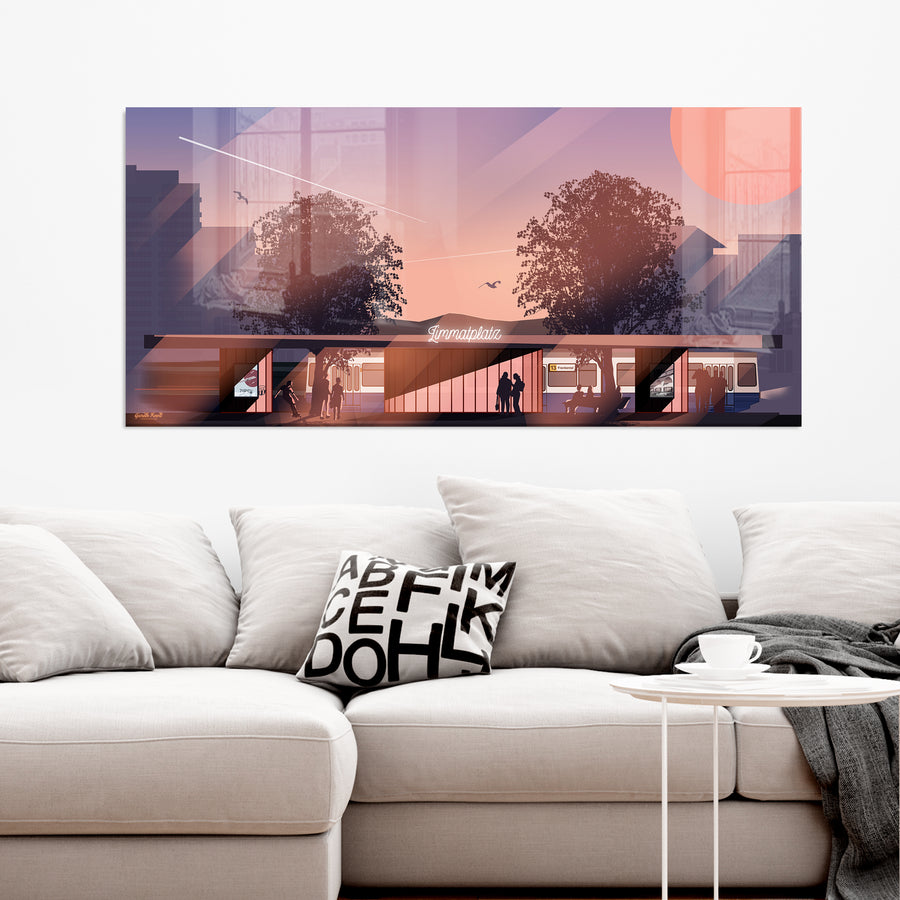 Wide-format Plexiglas print by LEKKA: Trams and people at the Limmatplatz stop at the end of Langstrasse