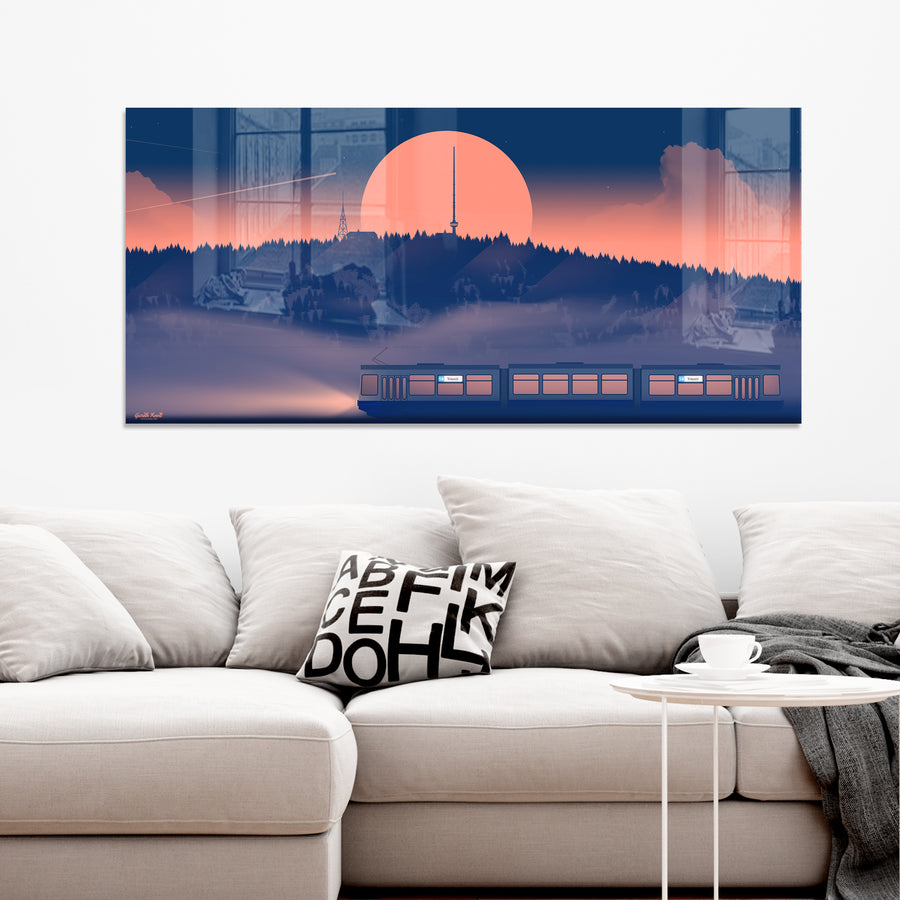 Wide-format Plexiglas print by LEKKA: A Zurich tram gliding past, with the Uetliberg at sunset