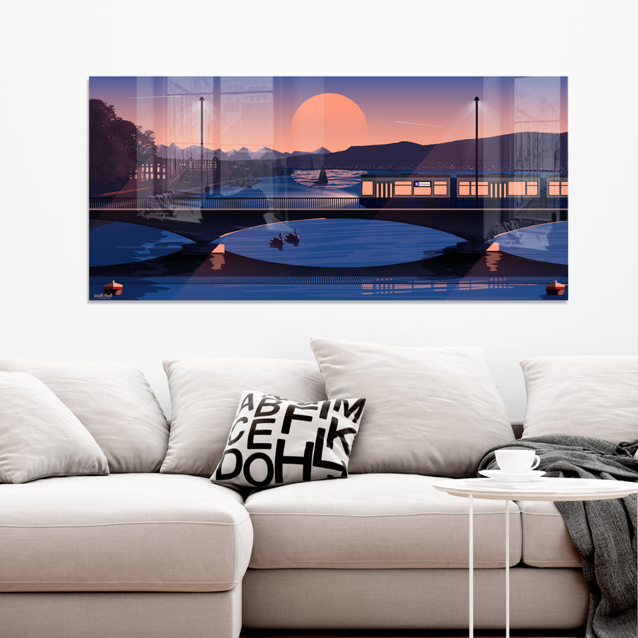 Wide-format Plexiglas print by LEKKA: Trams crossing the Quaibrücke in Zurich, with the Opera House