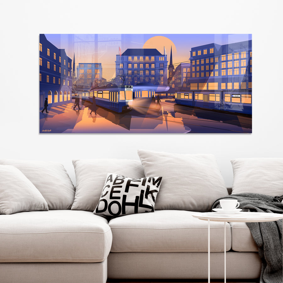 Wide-format Plexiglas print by LEKKA: Trams crossing Paradeplatz, Zurich's banking square, at sunset