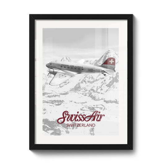 Tirage encadré 30 x 40 cm LEKKA : Un DC-3 Swiss Air en illustration classique noir et blanc