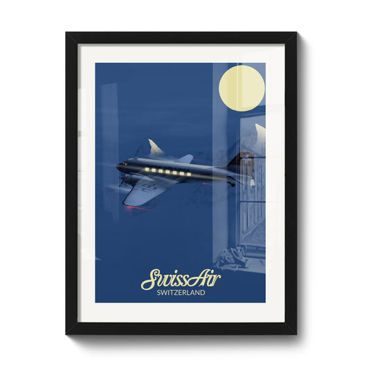 30 x 40 cm framed print by LEKKA: A Swiss Air DC-3 on a morning flight over the Alps