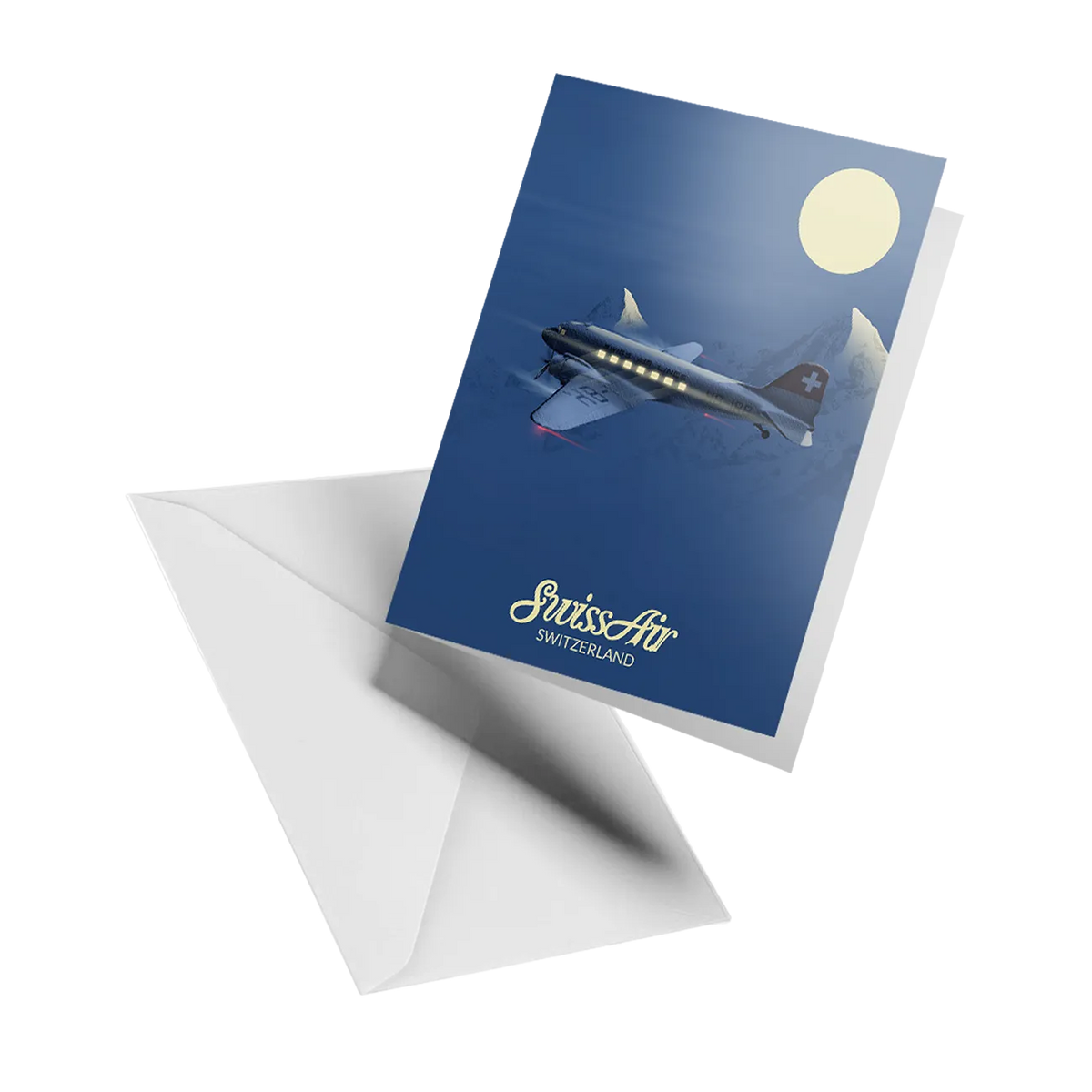 Illustrated greeting card by LEKKA: A Swiss Air DC-3 on a morning flight over the Alps