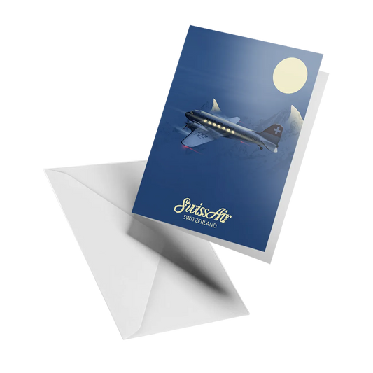 Illustrated greeting card by LEKKA: A Swiss Air DC-3 on a morning flight over the Alps