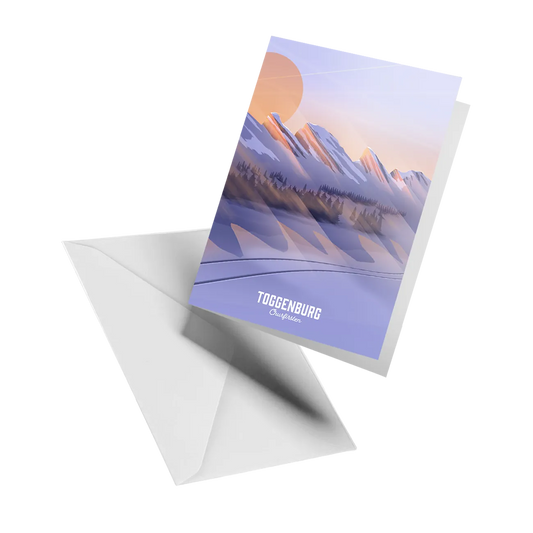 Illustrated greeting card by LEKKA: A new day dawning over the Churfirsten in Toggenburg