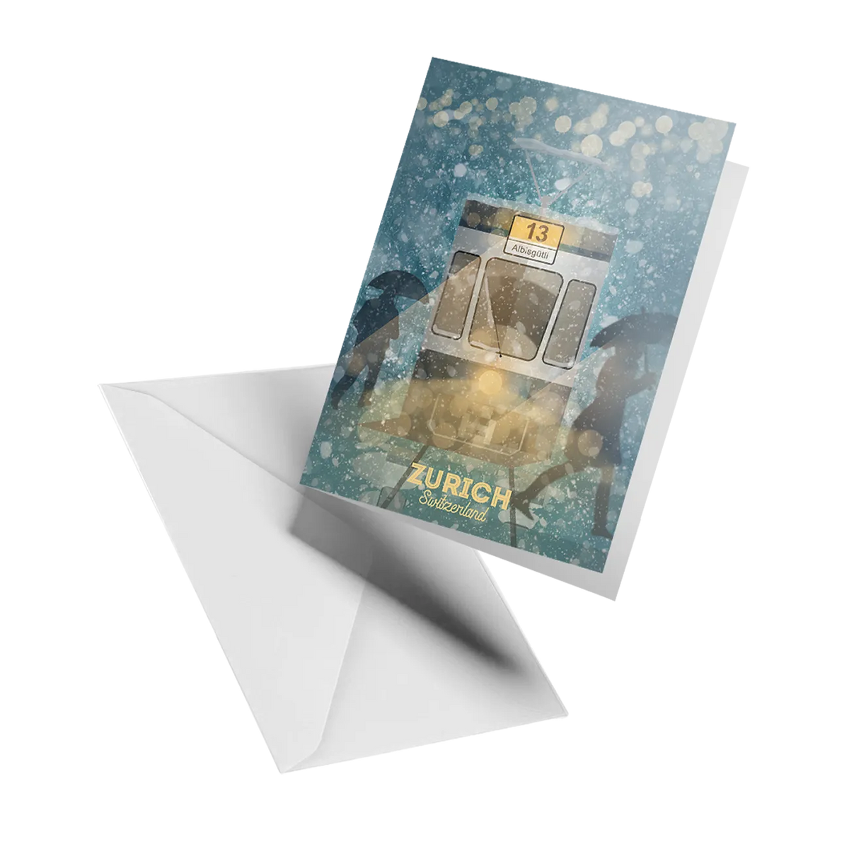 Illustrated greeting card by LEKKA: A Zurich tram in the snow at Christmas time