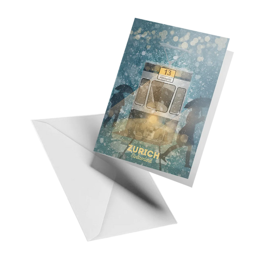 Illustrated greeting card by LEKKA: A Zurich tram in the snow at Christmas time