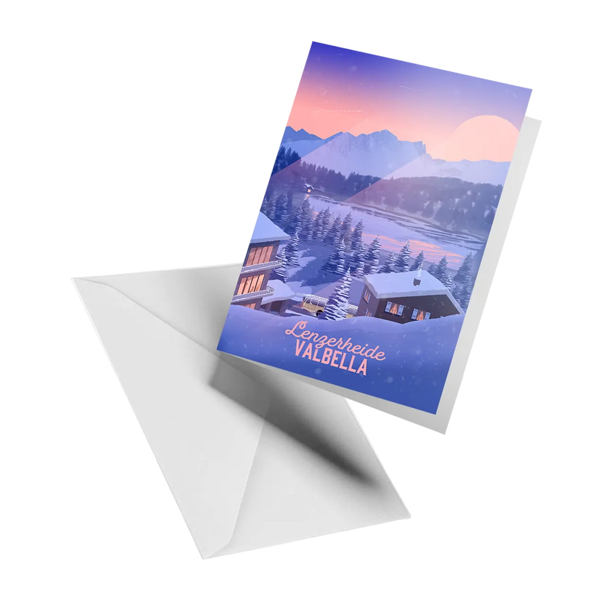 Illustrated greeting card by LEKKA: A view over the lake towards Lenzerheide from Valbella