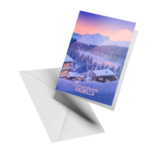 Illustrated greeting card by LEKKA: A view over the lake towards Lenzerheide from Valbella