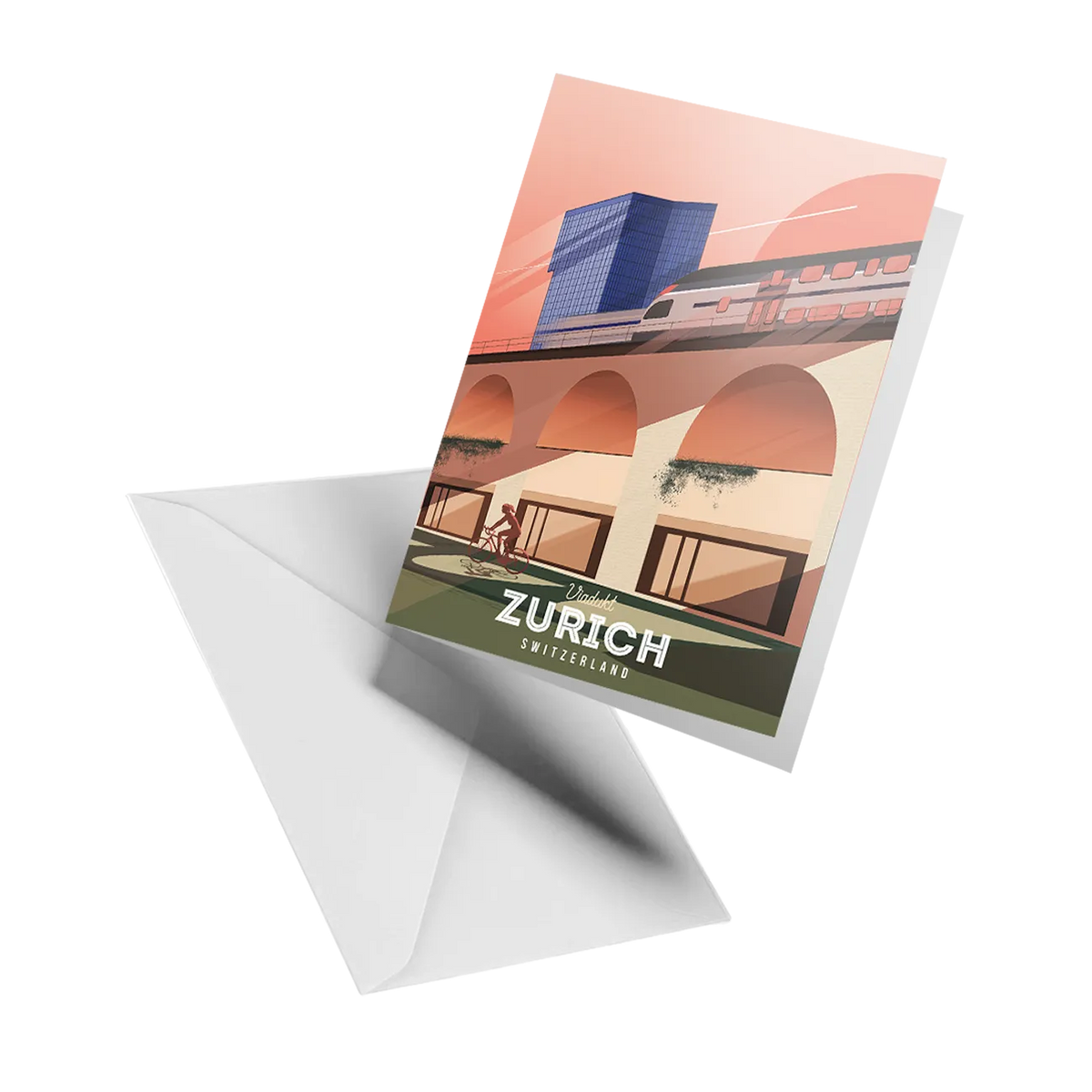 Illustrated greeting card by LEKKA: The Viadukt railway bridge in Zurich, alive with trains and trams