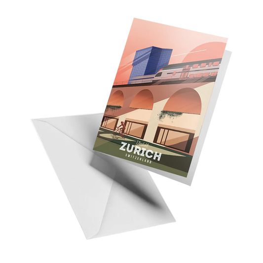 Illustrated greeting card by LEKKA: The Viadukt railway bridge in Zurich, alive with trains and trams