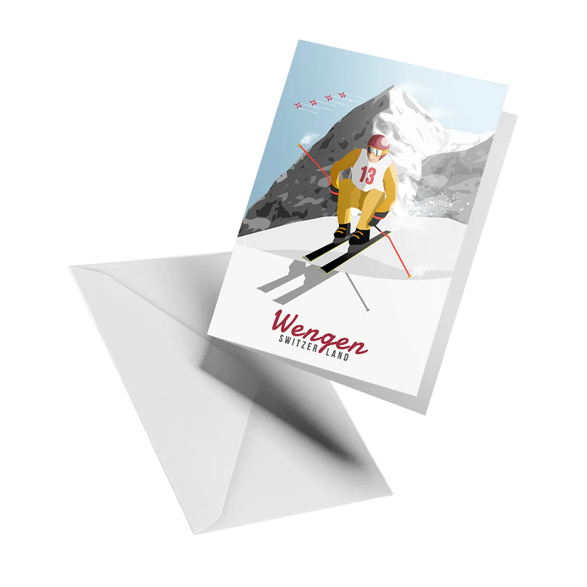 Illustrated greeting card by LEKKA: The Lauberhorn downhill race in Wengen