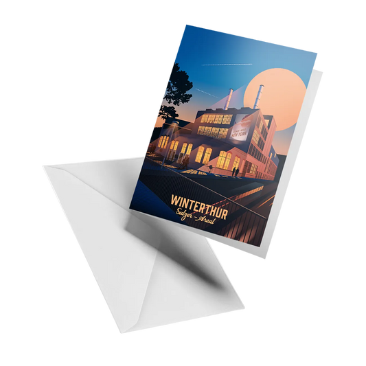 Illustrated greeting card by LEKKA: The old Sulzer factory buildings in Winterthur