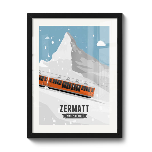 Illustration suisse LEKKA : Un train orange montant vers le Cervin à Zermatt