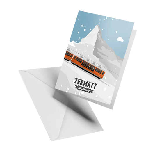 Illustrated greeting card by LEKKA: An orange train climbing towards the Matterhorn in Zermatt